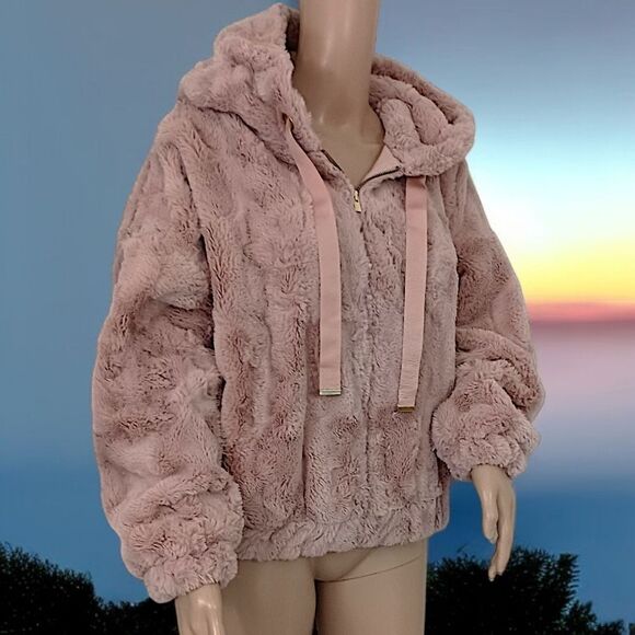 Express Faux Fur Jacket XS Blush Pink SOFT Textured Hoodie Y2K Mob Wife Glam - Picture 14 of 16